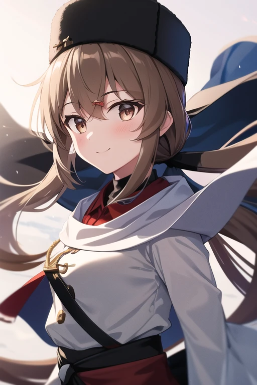 (masterpiece), ultra detailed,best quality, 8k high resolution, 1girl, tashkent \(kancolle\), smile, anchor necklace, black belt, black bow, black gloves, black headwear, blue shawl, brown eyes, brown hair, fingerless gloves, fur hat, hair between eyes, hair bow, long hair, low twintails, papakha, red shirt, ribbon trim, russian clothes, scarf, shawl, untucked shirt, white jacket, white scarf,