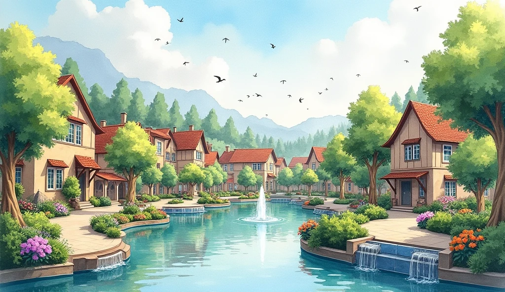 watercolor art a city with beautiful houses with trees and gardens with fountains flowers and birds