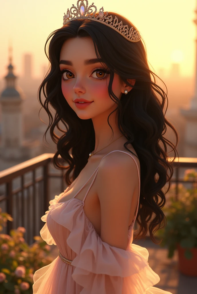 A very pretty girl with pink lips, very black and half wavy hair on the terrace of an apartment in the city of London with the morning light illuminating her face and the wind ruffling her hair with a very beautiful brando dress and a tiara on her head, the girl is pure and has an innocent look with slightly pink cheeks and hazel eyes, she is a Greek girl, turning her head slightly, , white skin with delicate features., with a slight animated touch