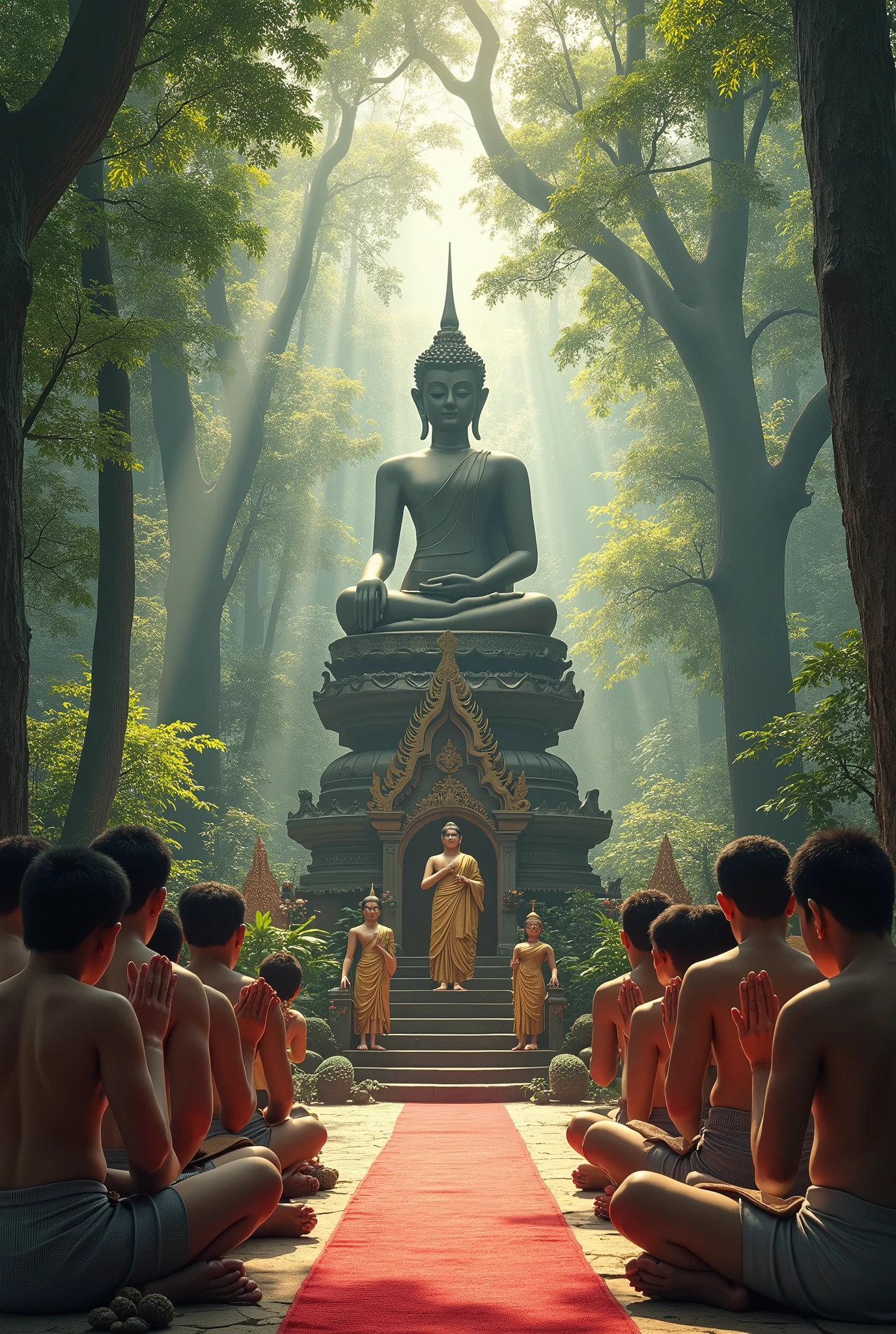 Thai people sit and pay respect to the Buddha giving blessings in the middle of the picture.,Scene at the forest temple ,Real picture,Real people