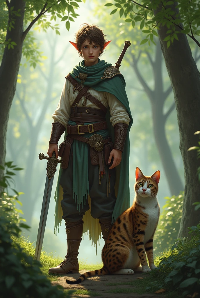 Half-elf with short brown hair who uses a sword and has a cat