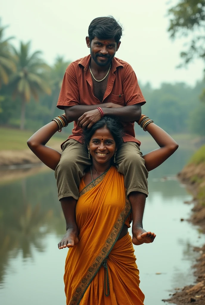 Beautiful Typical indian village ragpicker young woman us carrying a large man on her head, man is sitting on her shoulders, nearby a river , natural smile