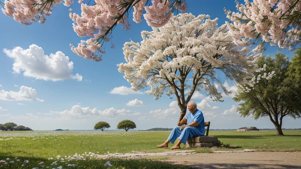 socrates, elderly senior, Sitting under a tree. The atmosphere is calm, with flowers around and a clear blue sky. The image conveys a sense of wisdom and reflection. the image must be realistic.