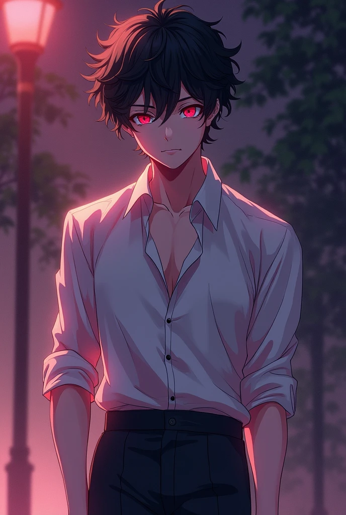 handsome, tall young man with a lean muscular build,pale skin. He has curly black hair and sharp, almond-shaped eyes. His irises are cat-like in appearance and are of a plum red color. Anime