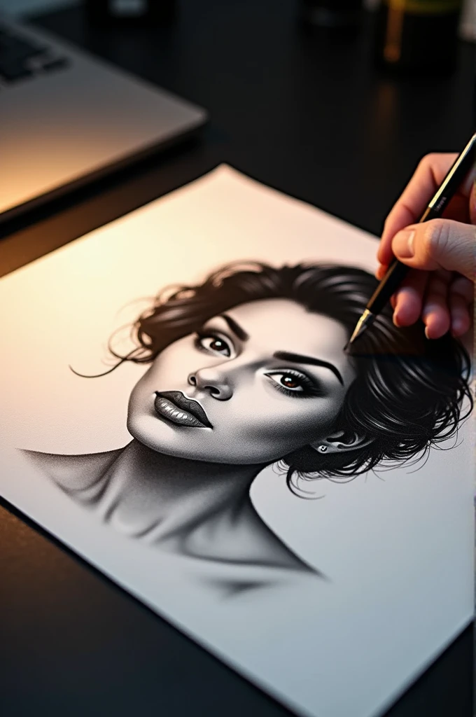 See hand black IS drawing on a paper a portait of woman face with short hyper Realistic finish ,in black and with on a paper white A3; the drawing IS on a desktop black with light of desktop.
