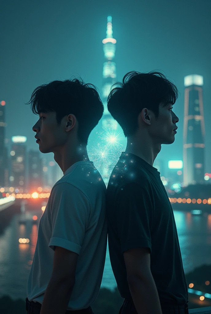 Two Korean men with their backs turned but stuck together with the background of Seoul city at night and Sabrina Carpenter's Bed Chem in the background, plus light on the men