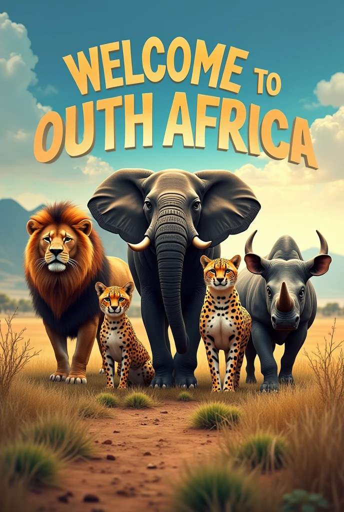 I want it to have the Big 5 with the title of South Africa and all the culture of the country. I want it to say welcome to South Africa above the Big 5. It can have the Big 5: the lion, the buffalo, the elephant, the cheetah and the rhinoceros.