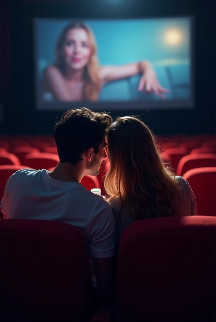 a couple watching a movie at the cinema cuddling