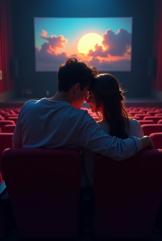 a couple watching a movie at the cinema cuddling