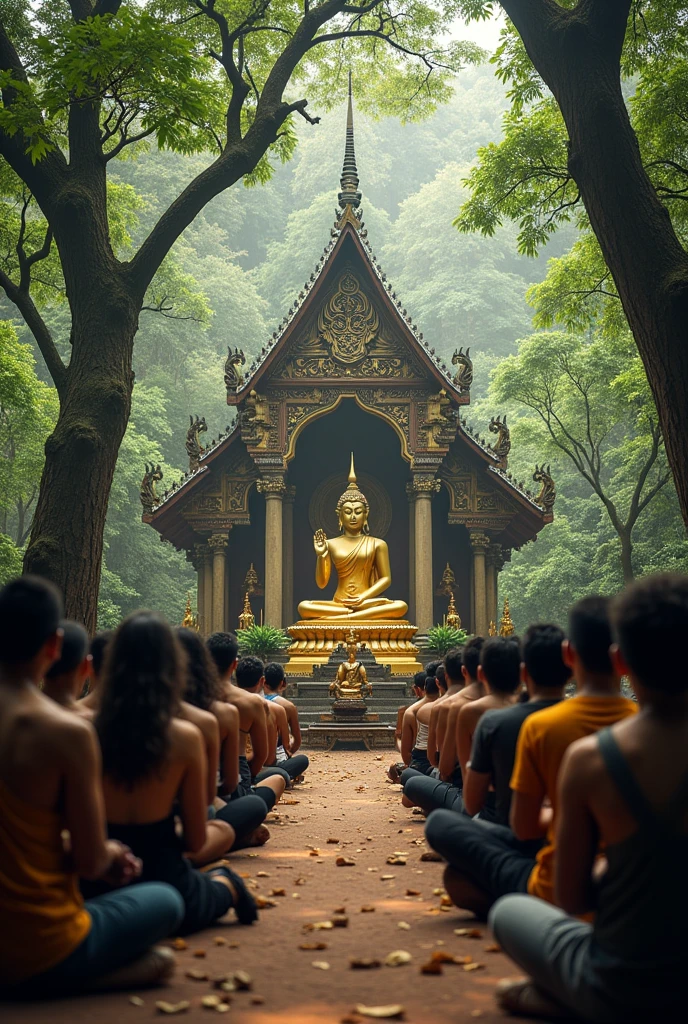 Thai people sit and pay respect., The Buddha bestows blessings in the center of the picture.,Scene at the forest temple ,Real picture,Real people