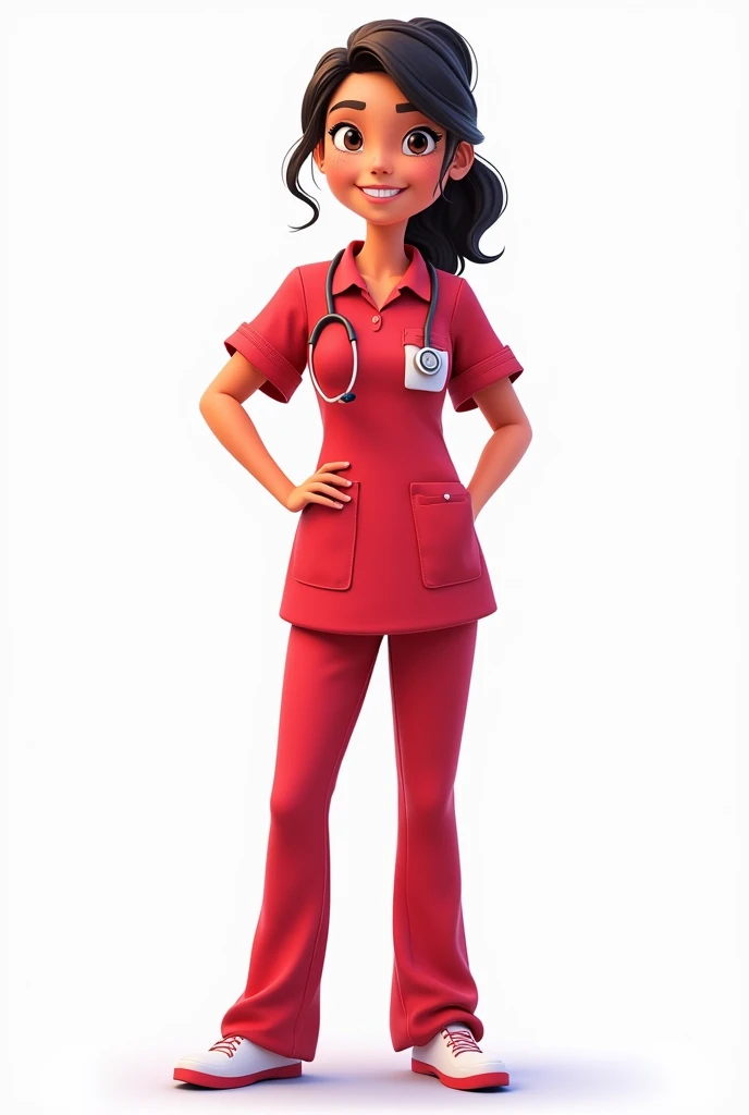 female doctor in cherry uniform, latina, animated cartoon, White background
