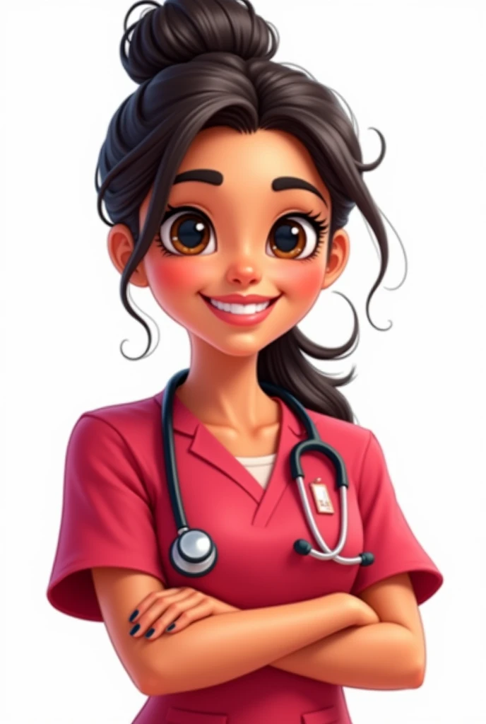 female doctor in cherry uniform, latina, animated cartoon, White background
