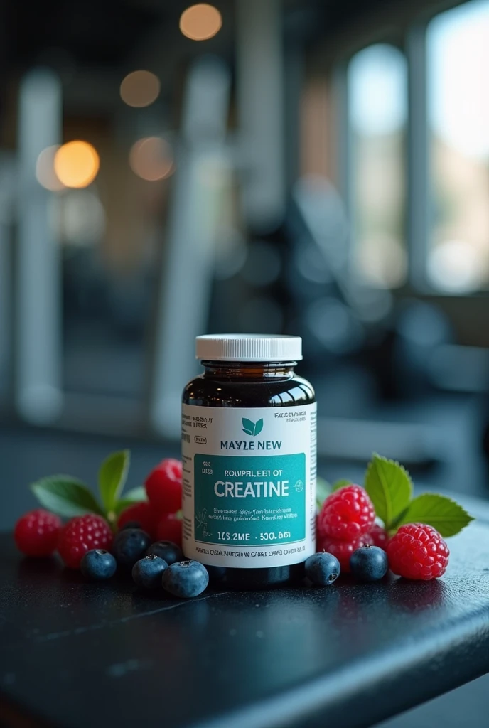 small creatine jar on top of gym equipment with berries behind, with gym background with blurred background