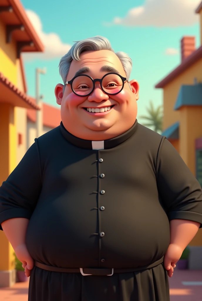 40 year old bald priest with gray hair on the sides a little fat with glasses black clothes and smiling Disney Pixar