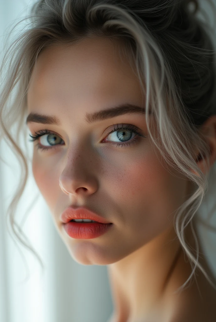 Real close up photo, very close, a beautiful Russian young woman, detailed face, detailed, skin texture, detailed grey eyes, looking to the viewer with pleading eyes, sexy red moist lips, slightly open lips, natural makeup, messy ash-grey hair, backlight bright white studio lighting, soft front right and left studio lighting, bright photo