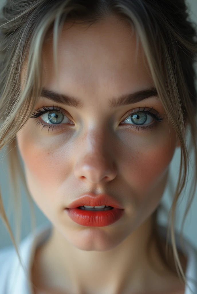 Real close up photo, very close, a beautiful Russian young woman, detailed face, detailed, skin texture, detailed grey eyes, looking to the viewer with pleading eyes, y red moist lips, slightly open lips, natural makeup, messy ash-grey hair, backlight bright white studio lighting, soft front right and left studio lighting, bright photo