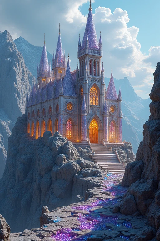 A building made of jewels. Gothic architecture. Show the whole building. Built on a rocky outcrop. Give it more of a sparkling, reflective feel.、There are gems buried in the surrounding rocks too.、Land of the Lustrous、A building made entirely of jewels. The exterior walls should reflect the light and sparkle more. The jewels should have a more transparent look. The walls of the building should all be diamonds. The rocks should look like they're buried in jewels. A smaller building would be fine.
