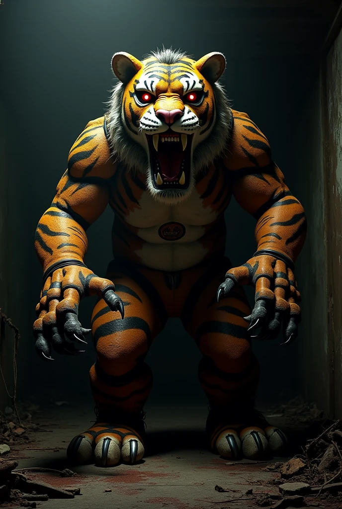 (Best Quality,Ultra-detailed,Realistic:1.37)、anthology、 Ferocious tiger, Solo, Woman's, Atrocious、cruel、offensive、Evil face、sharp claws、Detailed red eyes, Standing, (realistic fur, furr, realistic fur texture:1),Horror movie lighting、 (Full body:1.8)