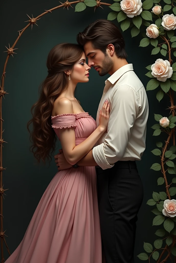 A man and a woman in a pink dress stand next to each other, hands intertwined in gentle touches, romantic pose, lovers, girl with long hair, a man in a shirt with rolled-up sleeves, beautiful clothes в викторианском стиле, beautiful clothes, expensive clothes, the prince and the pauper, open shoulders, dark background with climbing vine with thorns, white roses on black background