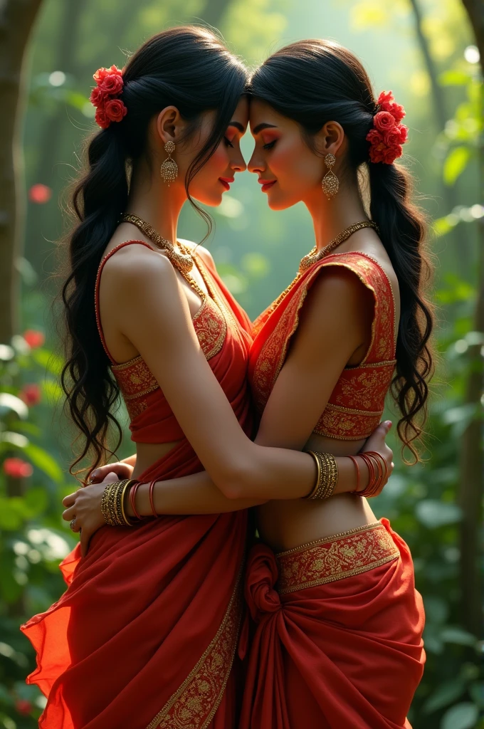 Teo hot skinny girl in saree showing their navel to each other kiss and hugs with eachother holding eachother body in angr