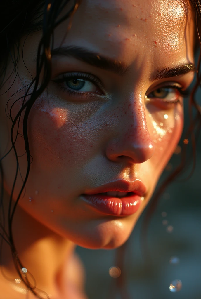 a close up of a woman's wet face, a hyperrealistic painting, inspired by Sam Spratt, featured on zbrush central, hyperrealism, ultra realistic 3d illustration, sweating intensely, photo realistic image, covered in water drops, hyperrealistic movie filmstill, in style of photorealism artist, portrait of ultra realistic, morning. hyperrealism, sweaty wet skin