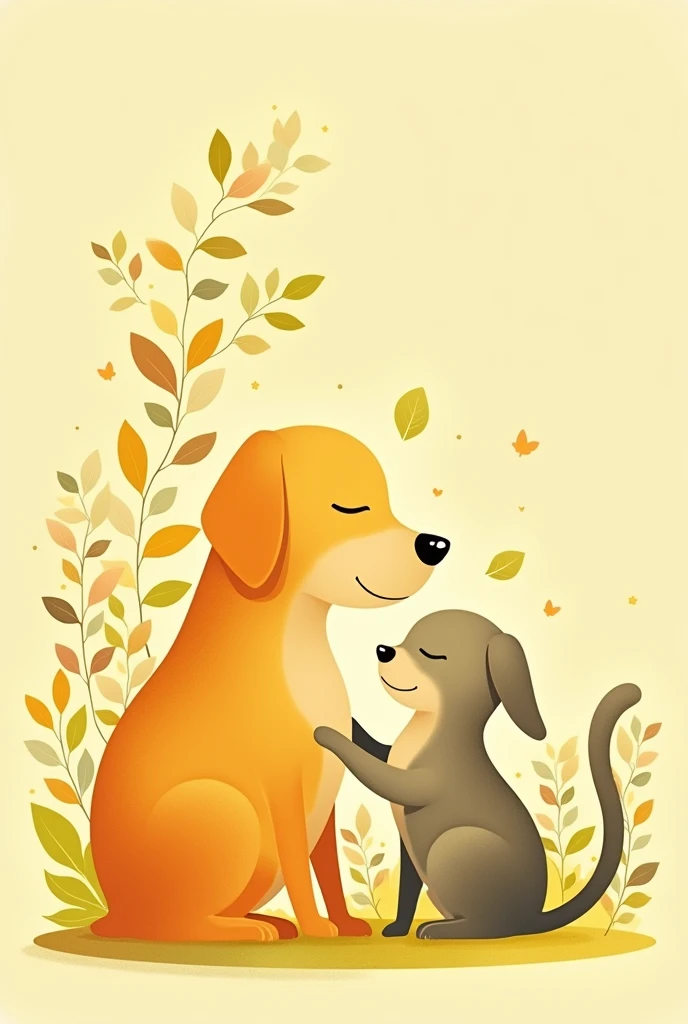 I want a flat drawing that has a dog and a cat, both united, and that on the left side they are being transformed into leaves. the image must be yellow and wash, referring to peace and life.
