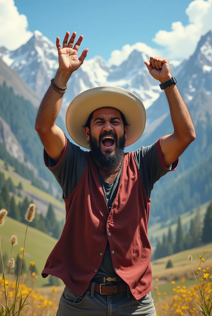 Young Peruvian Andean man with white hat shouting goal