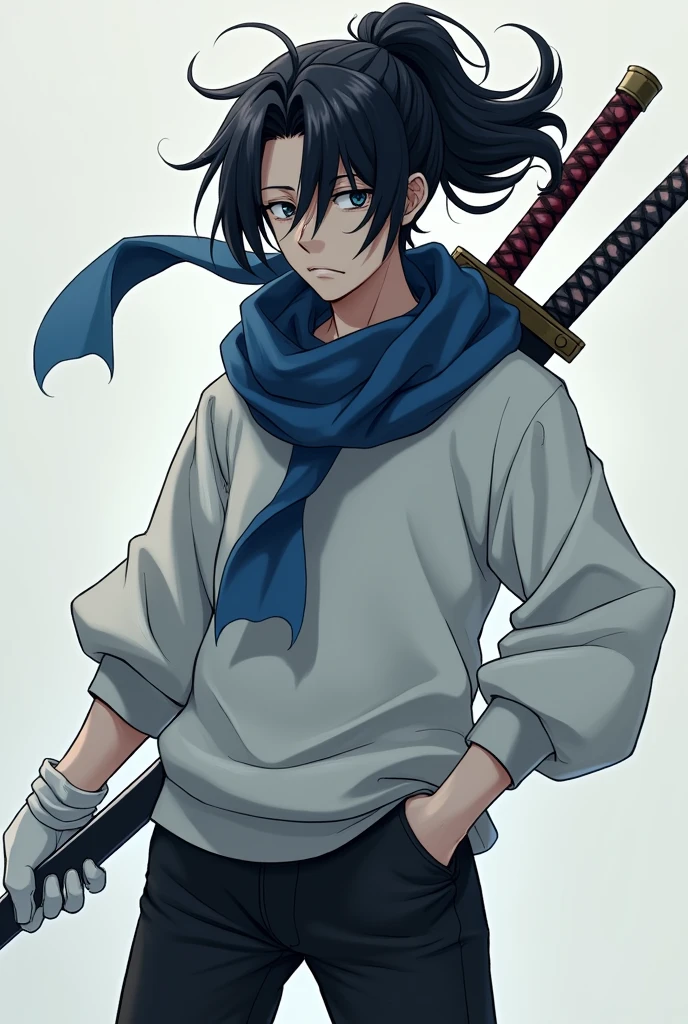 a pale male anime character with black hair in a huge ponytail black eyes big dark circles a blue scarf a white sweatshirt black pants and white shoes a white glove a sword on his back