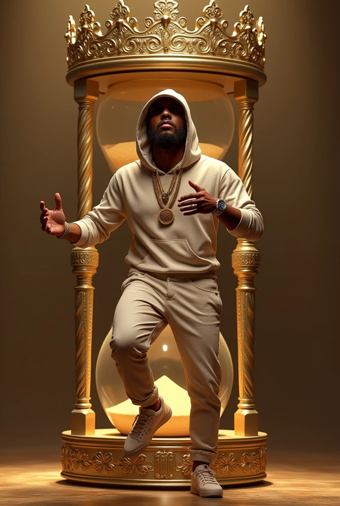 Hourglass background, gold and a crown and a rapper miming frestayle 