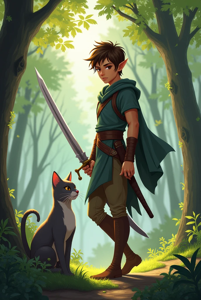 Half-elf with short brown hair who uses a sword and has a gray cat 

