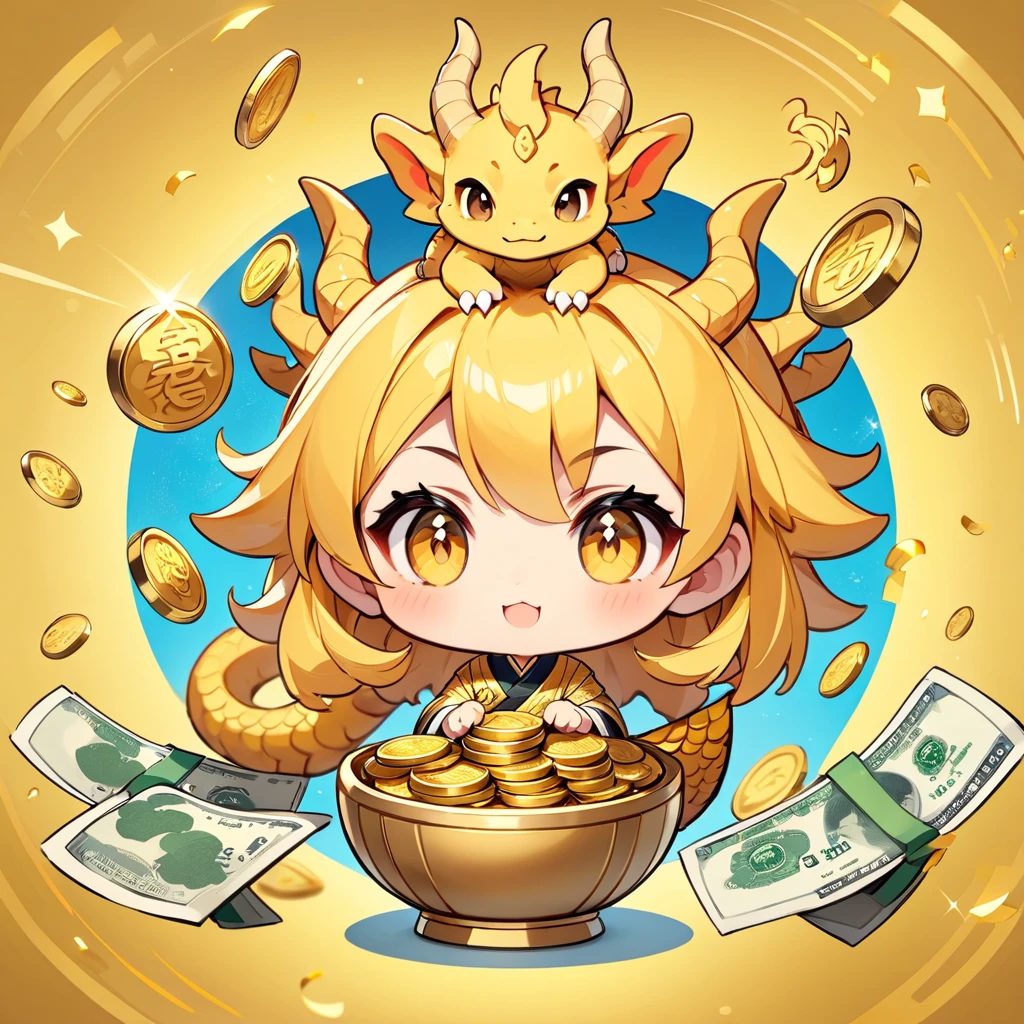 Chibi Cute, Golden Dragon、Background Gold、Increase your luck with money