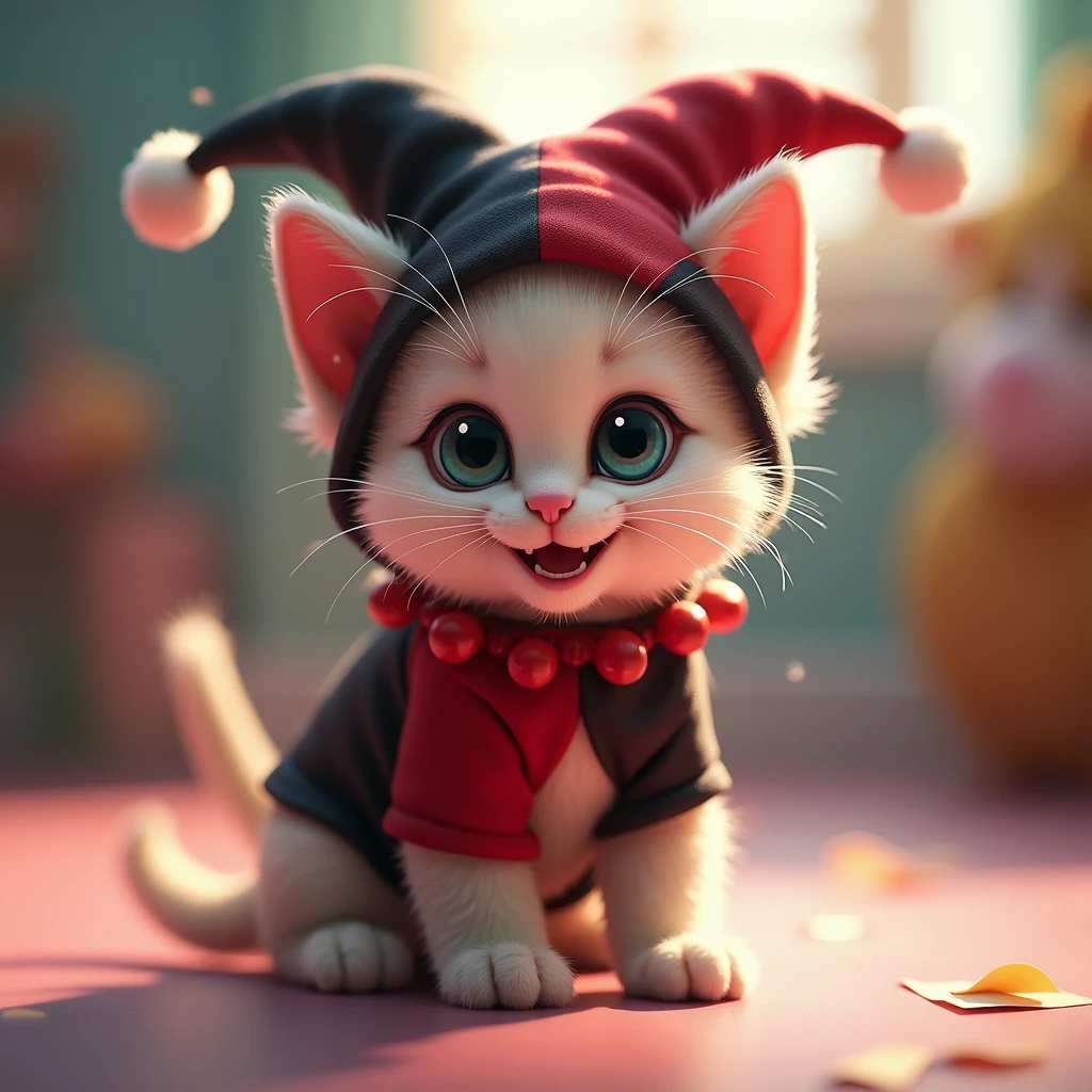 An adorable and playful scene featuring a kitten dressed in a cute version of Harley Quinn’s outfit. The kitten wears a tiny red and black jester costume, complete with a little jester hat with soft, playful pom-poms. The kitten has a mischievous yet charming expression, with bright, wide eyes and a cute smile. The background is fun and colorful, perhaps with playful elements like soft pastel colors or a cartoonish setting, making the scene light-hearted and entertaining for younger audiences. The overall vibe is one of fun and playful mischief, perfect for kids.