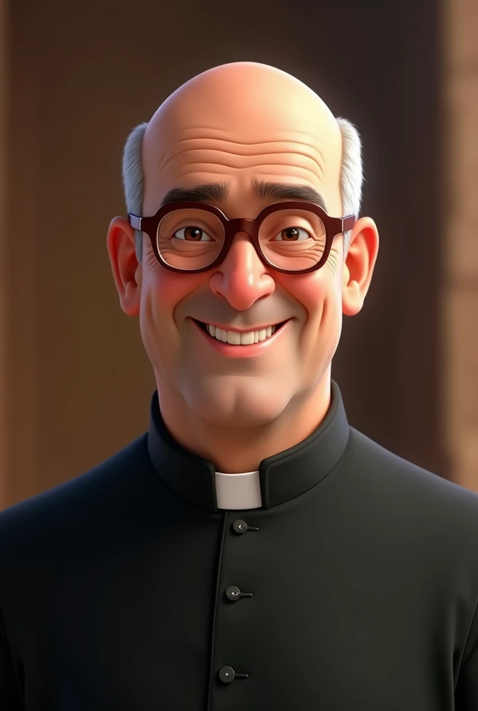40-year-old priest, bald with a few gray hairs on the sides, a little fat, with prescription glasses, black clothes and smiling Disney Pixar