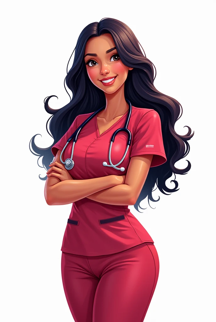 female doctor in cherry uniform, latina, animated cartoon, White background, long loose hair