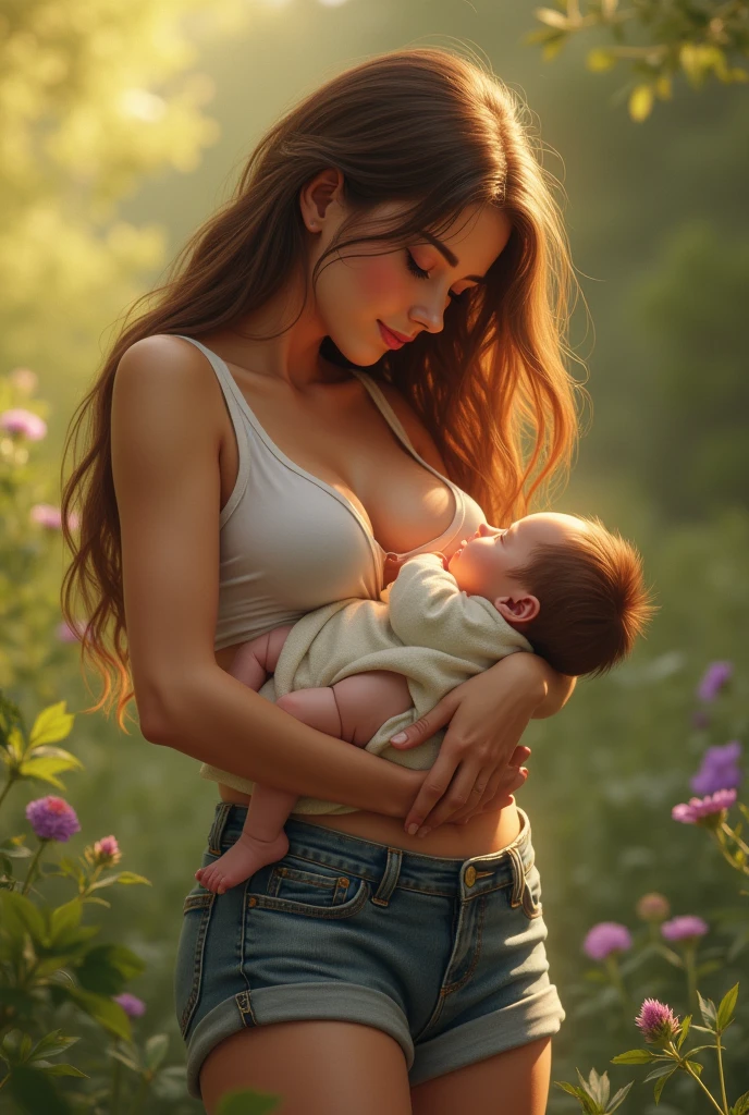 A girl in shorts she is breastfeeding her  her boobs are leaking milk

