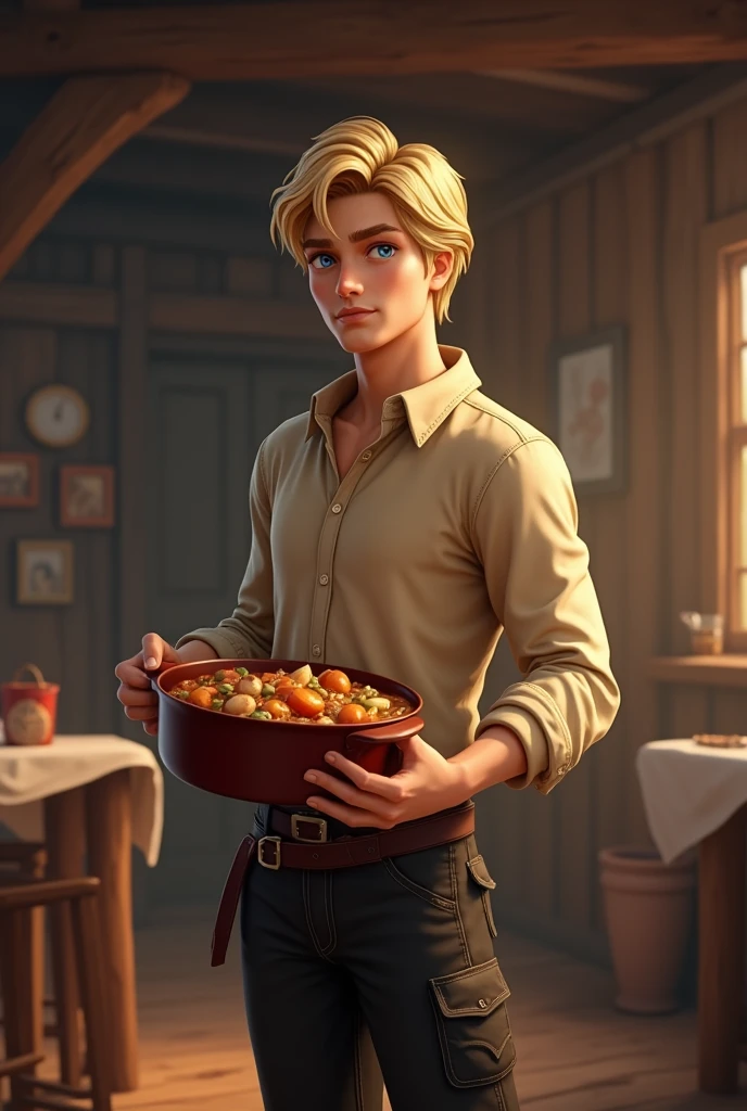 Create an image: a realistic young adult with blonde hair, metallic blue eyes, with beige shirt and black pants with pocket, he is handsome and is in a wooden room holding a pot with food. RPG