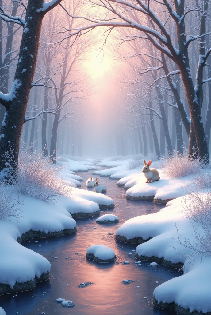 A stream and heavy snowfall in the forest, rabbits are walking around, the sky is slightly red