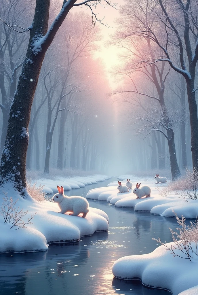 A stream and heavy snowfall in the forest, rabbits are walking around, the sky is slightly red