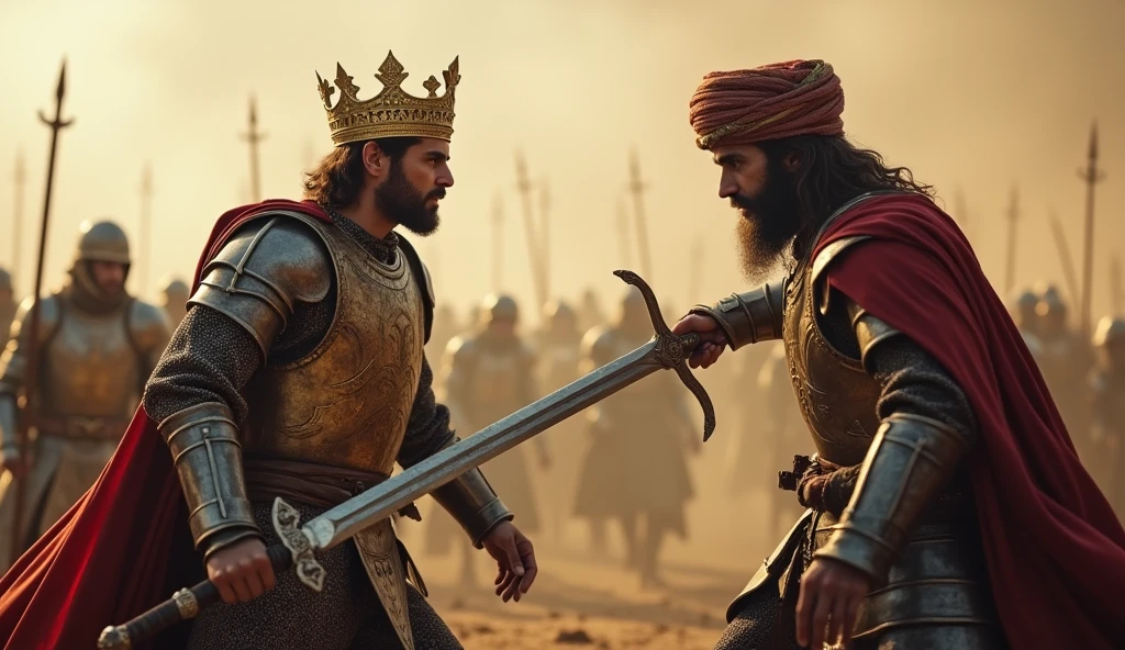 King Roderick, dressed in traditional royal armor with a golden crown on his head, stands on the battlefield of Guadalete, surrounded by the chaos of war. His face is filled with a mix of fear and defiance as he watches Thariq bin Ziyad, the Islamic warrior wearing a turban and full iron armor, approaching with his curved sword drawn. The background depicts the smoke and dust of battle, with fallen soldiers and the remnants of a fierce fight. The scene is captured in a cinematic, ultra-realistic style, emphasizing the tension and inevitability of Roderick's fate