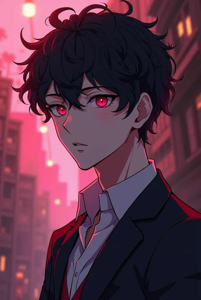 handsome, tall young man with a lean muscular build,pale skin. He has curly black hair and sharp, almond-shaped eyes. His irises are cat-like in appearance and are of a plum red color. Anime