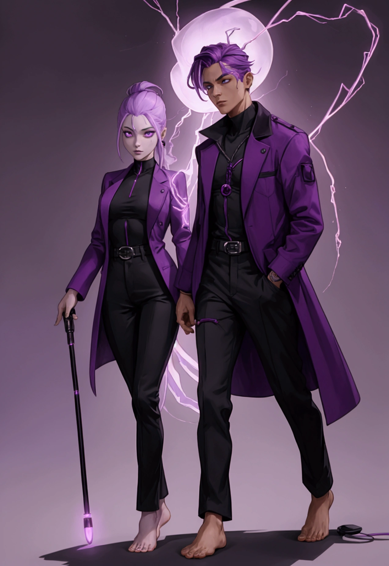 A creature with light purple skin, she wears a purple jacket, black pants and walks barefoot. In addition, he has several wires and power cables throughout his body that connect to his eye that glows red and in his hand he holds a common cane..