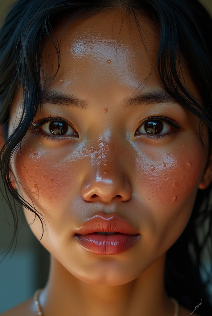 a close up of a indonesian woman's wet face, a hyperrealistic painting, inspired by Sam Spratt, featured on zbrush central, hyperrealism, ultra realistic 3d illustration, sweating intensely, photo realistic image, covered in water drops, hyperrealistic movie filmstill, in style of photorealism artist, portrait of ultra realistic, morning. hyperrealism, sweaty wet skin
