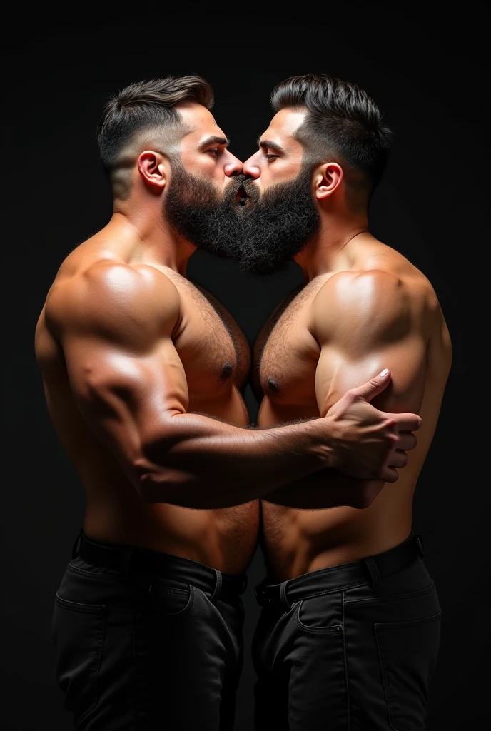 "8KUHD HDR Very Realistic Very Detailed High Quality Create a professional studio-style photograph featuring two 4 men, 8K hdr burly, 8K hdr hairy, 8k hdr beared big daddy bear, and 8K hdr very realistic detailed rugged man and his husband in boxers. 8K Hdr very realistic beards, 8K very hdr realistic hair, 8K very hdr realistic beards, 8K hdr very realistic thick chubby fat neck, 8K hdr very realistic neck, 8K hdr very realistic neck details, 8K hdr very realistic neck lines, 8K hdr very realistic belly, 8K hdr very realistic chest, 8K hdr very realistic strong chest and arms, 8K hdr very realistic hairy chest and arms, 8K hdr very realistic pecs, 8K hdr very realistic big burly daddy bear body, 8K hdr very realistic nipples, 8K hdr very realistic burly body, 8K hdr very realistic face, 8K hdr very realistic eyes, 8K hdr very realistic nose, 8K hdr very realistic ears, 8K hdr very realistic facial features, 8K hdr very realistic arms, 8K hdr very realistic hands, 8K hdr very realistic wrists, 8K hdr very realistic fingers, 8K hdr very realistic fingernails, 8K hdr very realistic shoulders, 8K hdr very realistic mouth, 8K hdr very realistic skin textures, 8K hdr very realistic textures, 8K hdr very realistic extricate detailing, 8K hdr very realistic lips, 8K hdr very realistic detailed skin, 8K hdr very realistic skin, 8K hdr very realistic heads, 8K hdr very realistic ears, 8K hdr very realistic nose, 8K hdr very realistic facial features, 8K hdr very realistic mens clothing, 8K hdr very realistic detailed mens clothing. 8K HDR A very realistic man and his husband are kissing each other, 8K HDR very realistically kissing each other, in a 8K HDR very realistic romantic and HDR virile scene. 8K HDR Very Realistic Intricately Detailed, 8K HDR Utilize all appropriate lighting techniques for studio photography. 8K HDR The background should be black." No Deformities, 8K HDR "everything is very realistic 8K HDR"