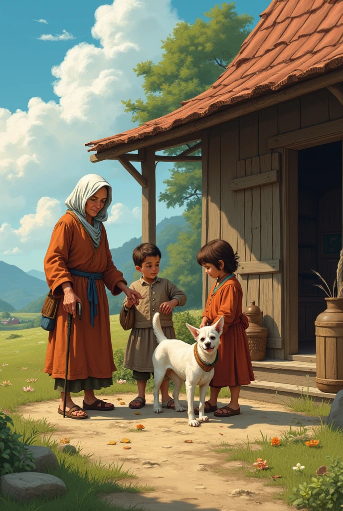 Describe to me a peasant family gathered on a farm where they are sitting, The father's mother is a with brown hair, thin build and mixed skin color and two younger children playing with dogs of the same build Ai image