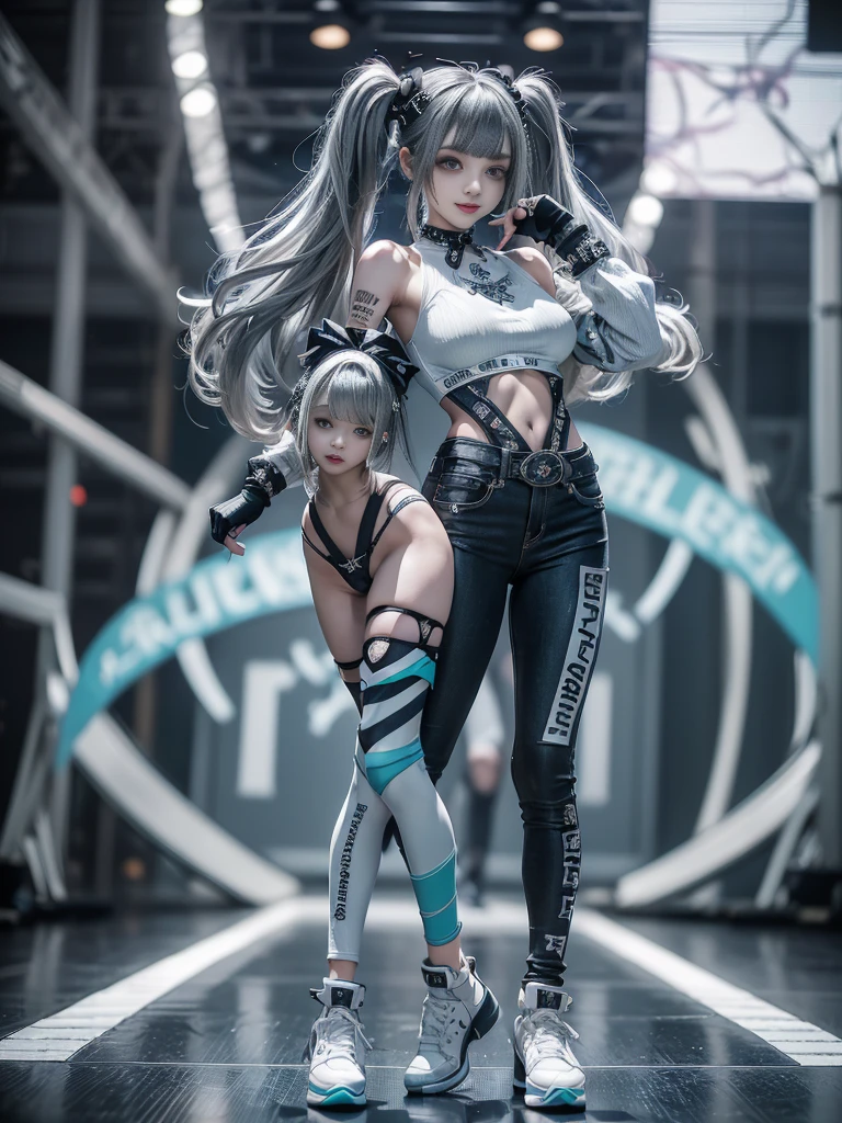 (Full Body View:1.2)、(Side view:1.1)、(Smiling with teeth showing:1.3),(Shibuya Gal:1.5)、(Gothic style fashion:1.5)、(Punk rock visual kei:1.5)、(Wearing a rhythmic gymnastics bodysuit with intricate details:1.4)、(Complex white racing suit and pants, Denim and turquoise decor:1.5)、(Denim and light blue and white boots:1.3)、((belt))、(A number of subtle logos are featured throughout the costume々:1.4)、(collar:1.3)、(Striped underwear:1.5)、20-year-old、Browsing Caution、((Highest quality、In 8K、masterpiece:1.3))、Sharp focus:1.2、(Layered Cut、Huge boobs:1.1),Beautiful woman with perfect figure:1.4、(Dance vigorously:1.3)、Slim Abs:1.2、Highly detailed face and skin texture、Detailed eyes、double eyelid,(Twin tails:1.3)、(Dark silver hair:1.3)、Idol Sculpture、(The background is the stage for a fashion show:1.3)、(The body is slim:1.3),(Slimming your legs:1.4),(clavicle:1.1)、(Thin and slim thighs:1.3)