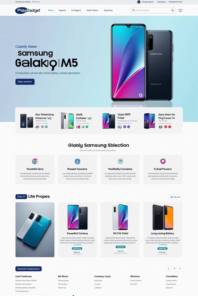 Create an online store for Samsung Galaxy M15 with features that are offered more highly ranked and make it clearer. Give the Play Gadget logo.