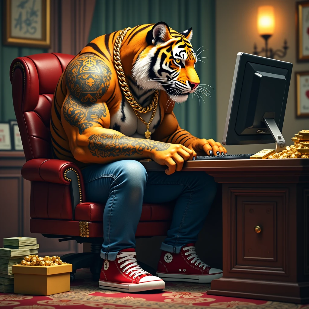 create a tiger character, with tattoos, with gold chains, jeans, with red sneakers with white details, playing casino games on the computer, with boxes of gold bars around, and packets of money around, in your office High resolution, realistic image