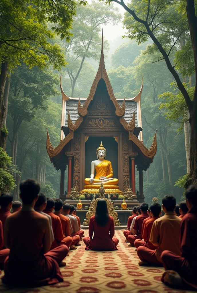Thai people sit and pay respect., The Buddha bestows blessings in the center of the picture.,Scene at the forest temple ,Real picture,Real people
