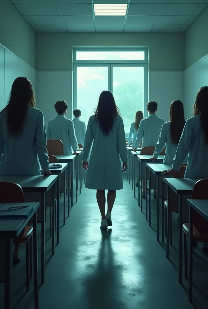 Generate an image of female doctors setting in the seminar room of the hospital . Show that the seminar room is not safe for the female doctors . Show some female doctors running out from the seminar room and some are sexually harassed in the seminar room by unknown mens