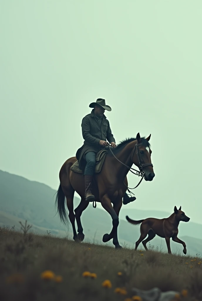 Horse with man and dog long distance in cool place
